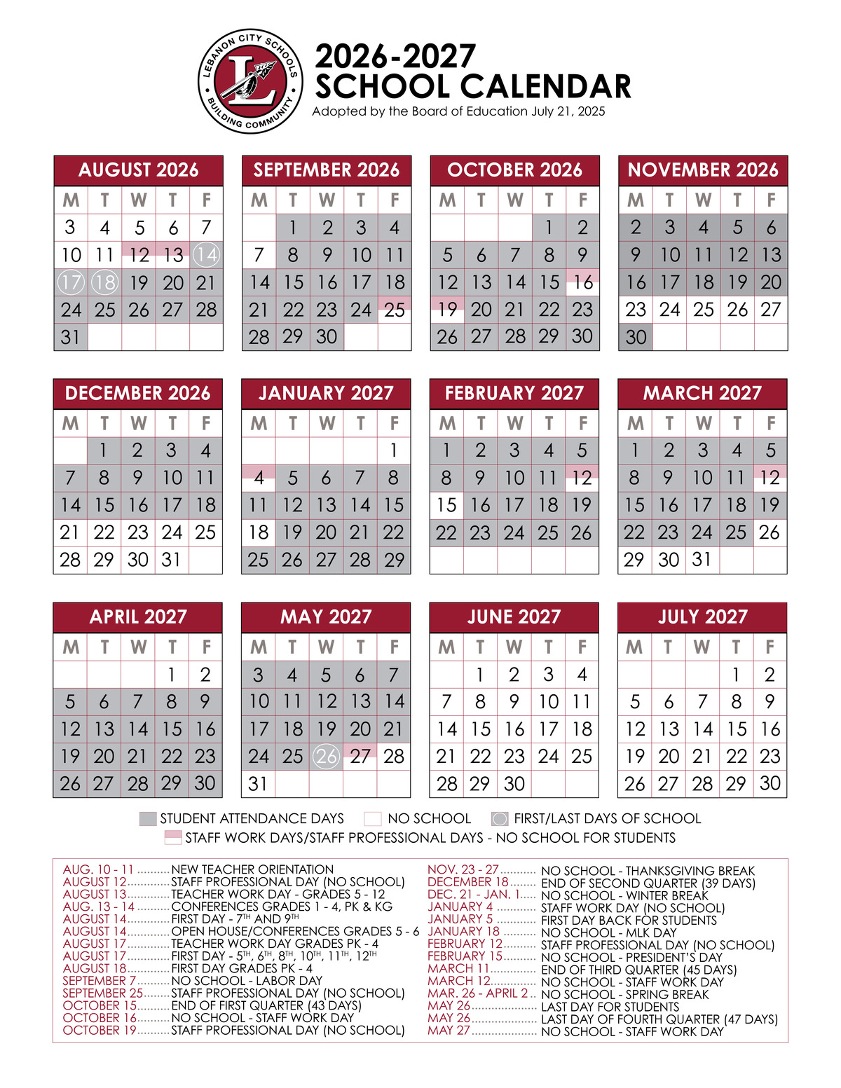 2026-2027 School Calendar